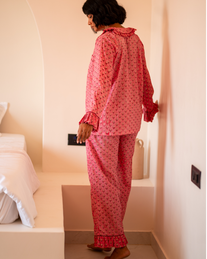 Mini Mogra Ruffle PJ set in Pomegranate - Dilli Grey