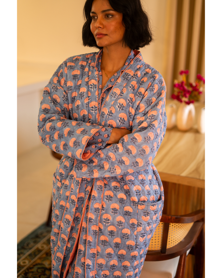 Chandni Butta Quilted Robe in Blue - Dilli Grey