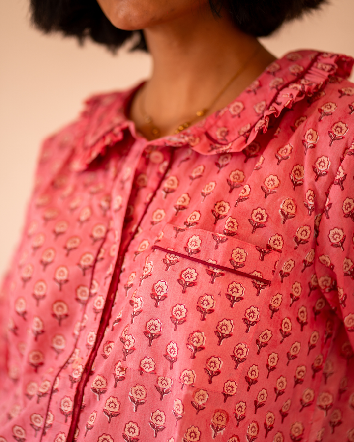 Mini Mogra Ruffle PJ set in Pomegranate - Dilli Grey