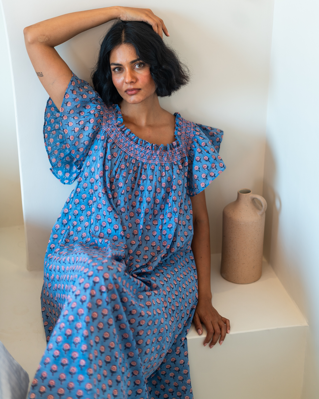 Mini Mogra Smocked Nightie in Dusty Blue - Dilli Grey