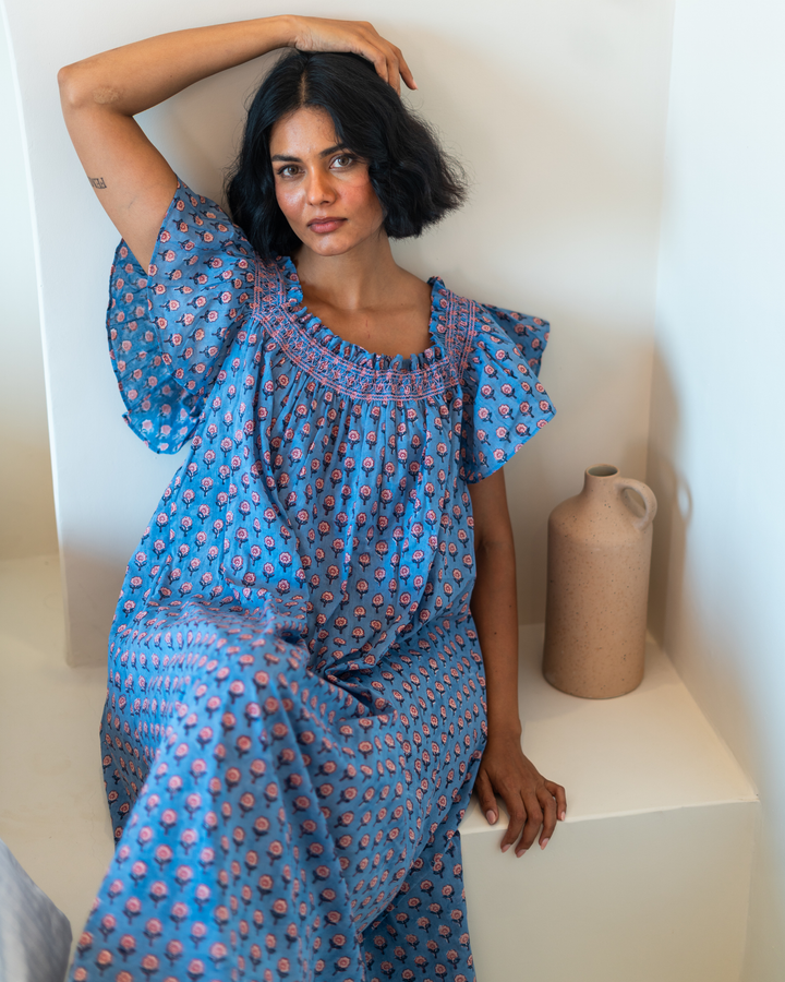 Mini Mogra Smocked Nightie in Dusty Blue - Dilli Grey