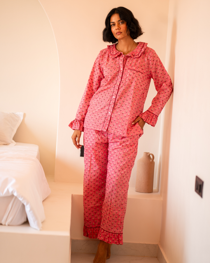 Mini Mogra Ruffle PJ set in Pomegranate - Dilli Grey