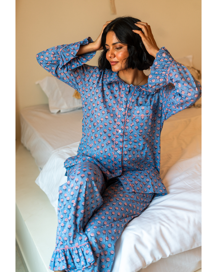 Mini Mogra Ruffle PJ set in blue - Dilli Grey