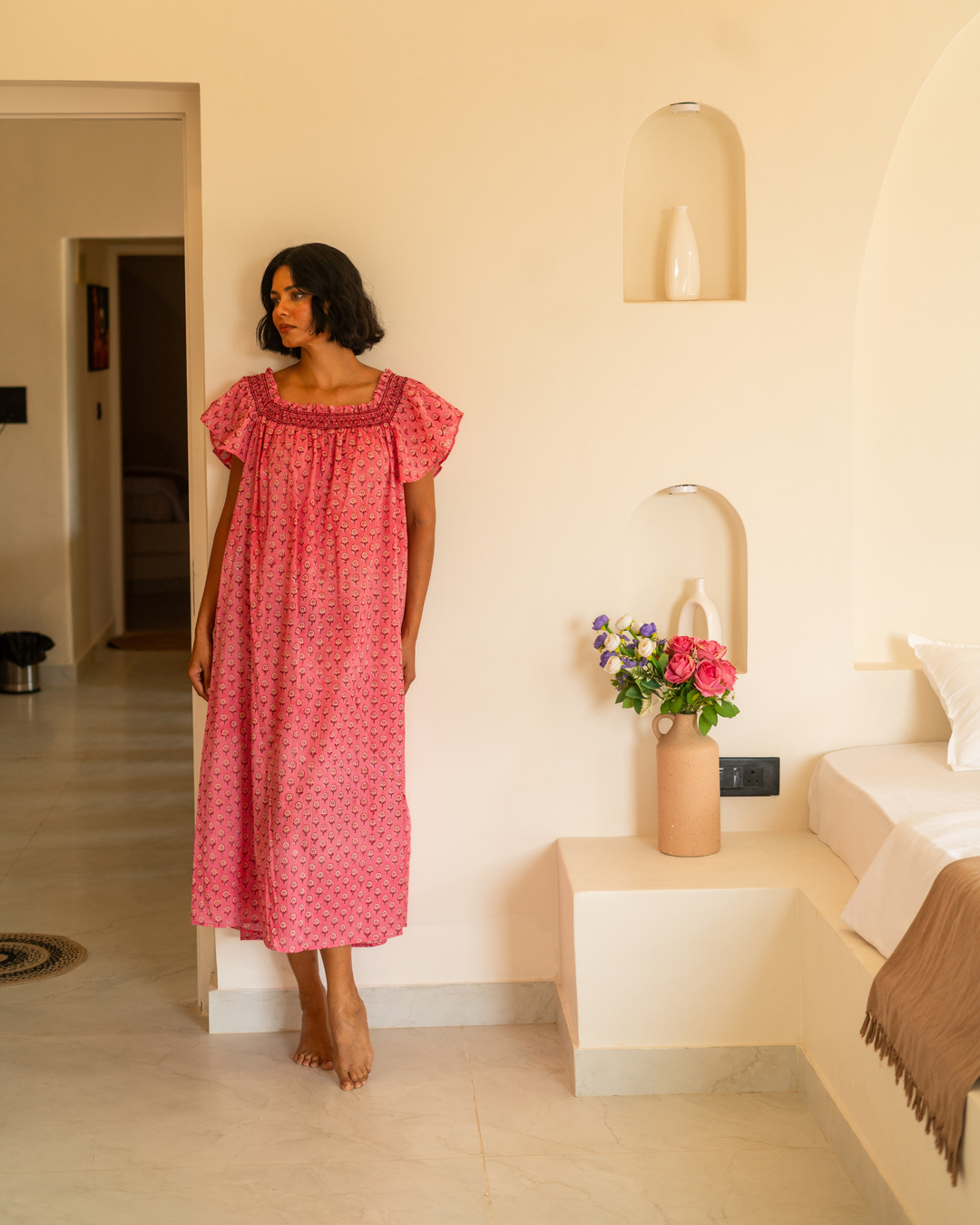 Mini Mogra Smocked Nightie in Pomegrante - Dilli Grey