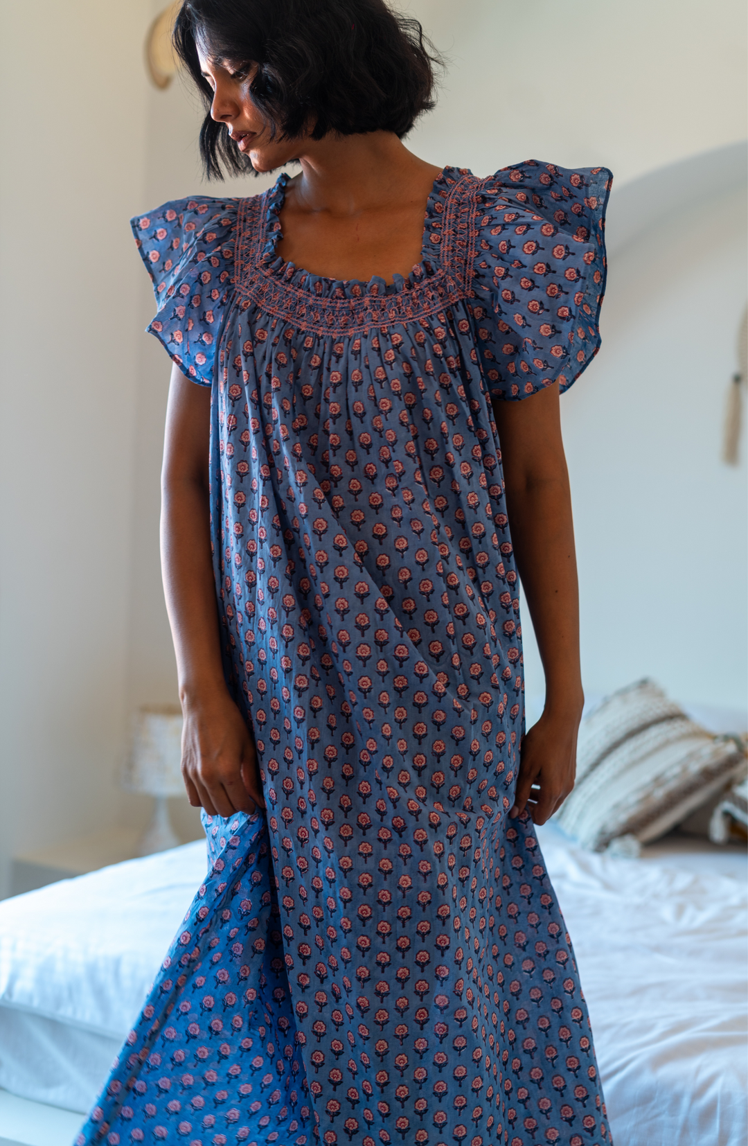 Mini Mogra Smocked Nightie in Dusty Blue - Dilli Grey