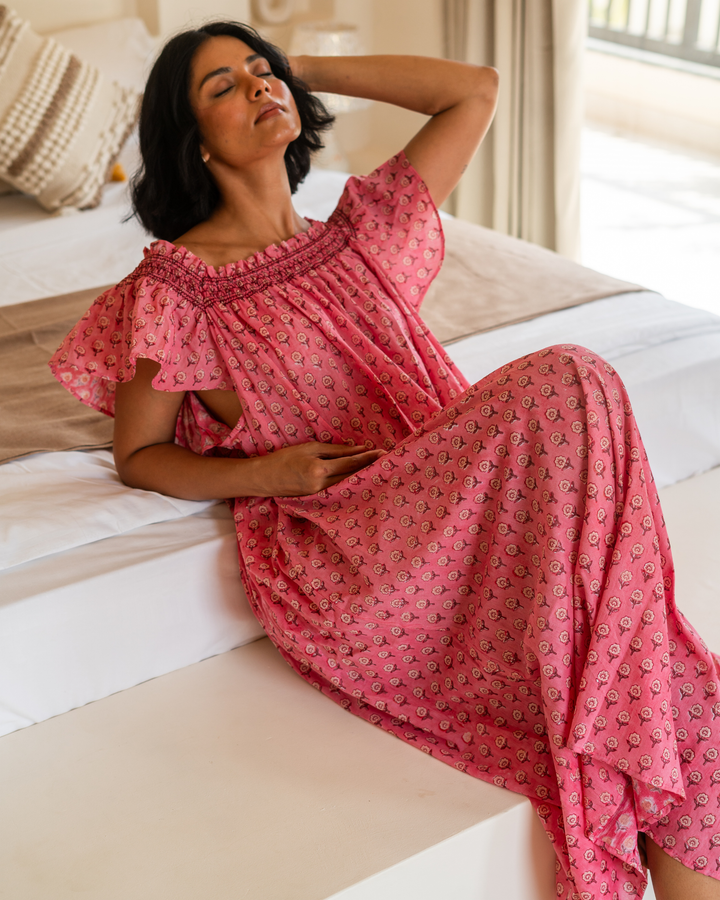 Mini Mogra Smocked Nightie in Pomegrante - Dilli Grey