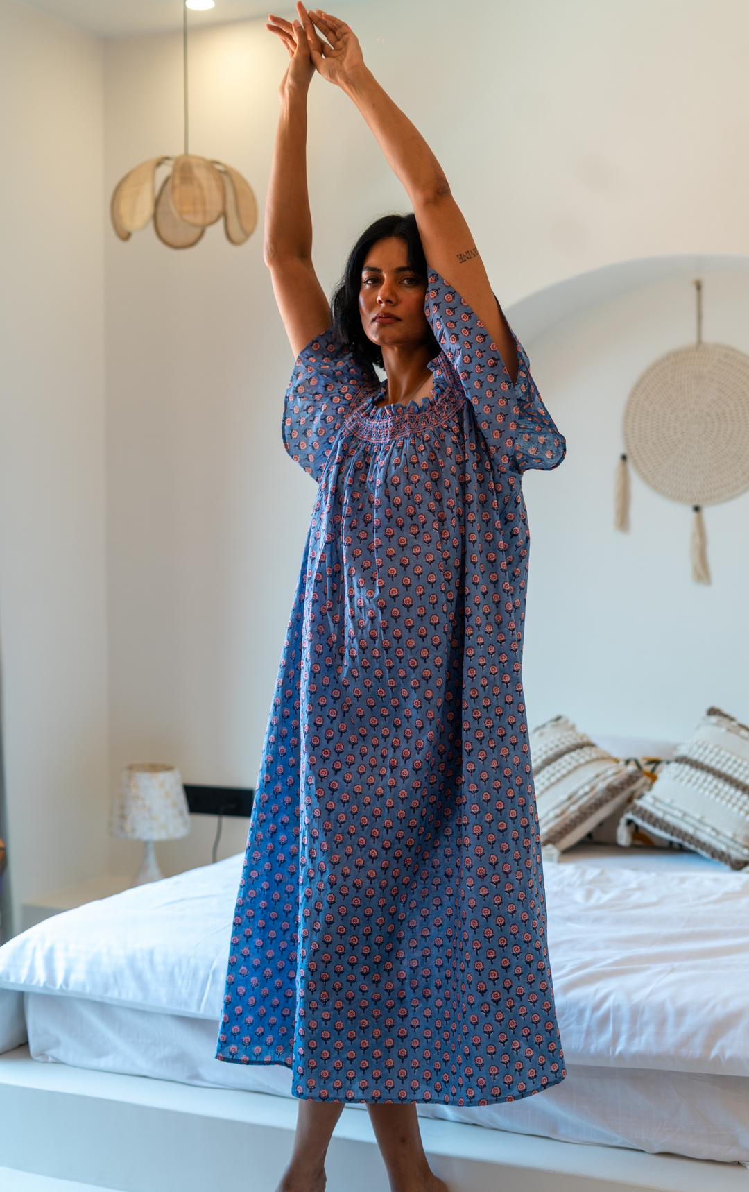 Mini Mogra Smocked Nightie in Dusty Blue - Dilli Grey