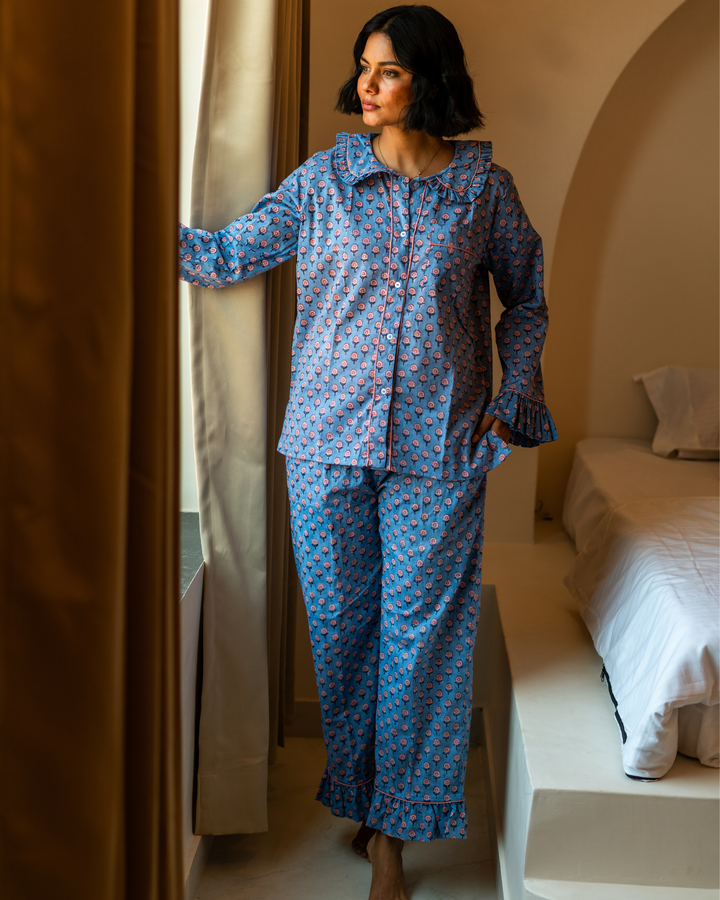 Mini Mogra Ruffle PJ set in blue - Dilli Grey