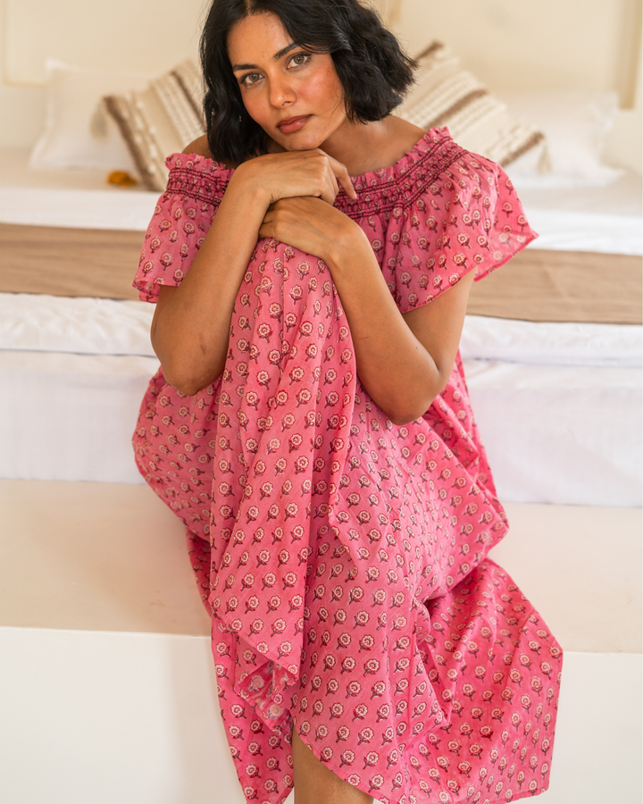 Mini Mogra Smocked Nightie in Pomegrante - Dilli Grey