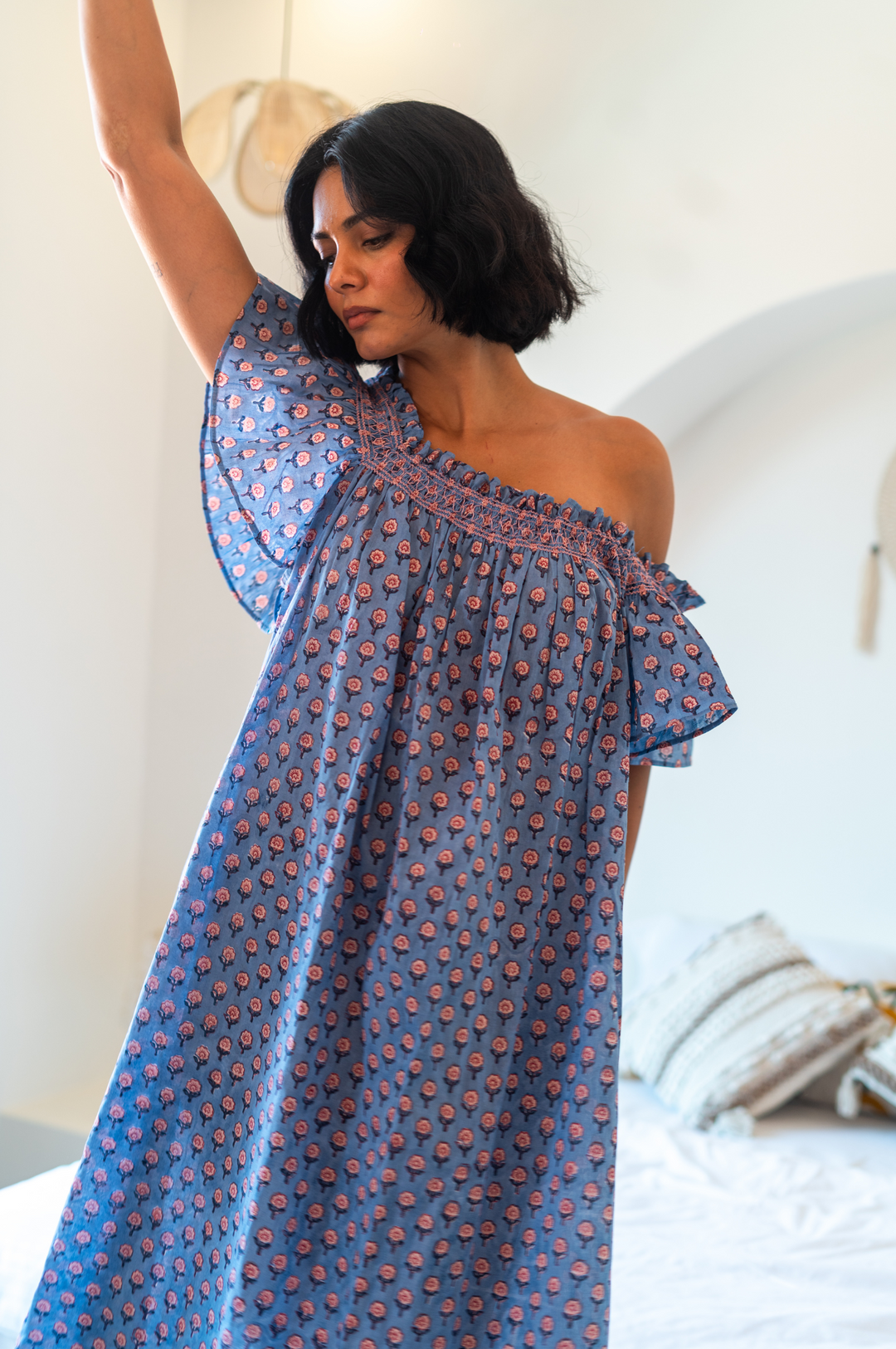 Mini Mogra Smocked Nightie in Dusty Blue - Dilli Grey