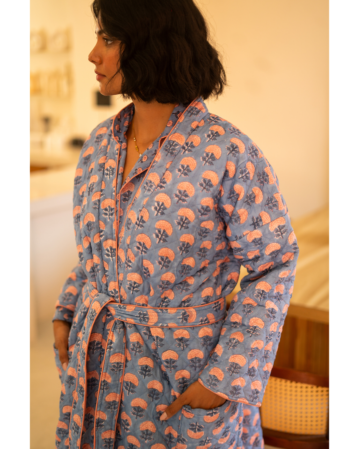 Chandni Butta Quilted Robe in Blue - Dilli Grey