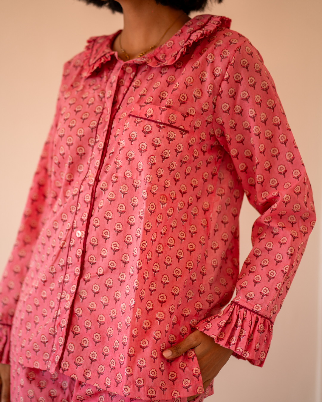Mini Mogra Ruffle PJ set in Pomegranate - Dilli Grey