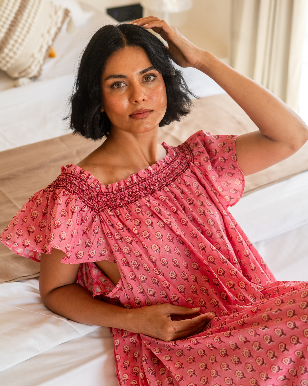 Mini Mogra Smocked Nightie in Pomegrante - Dilli Grey