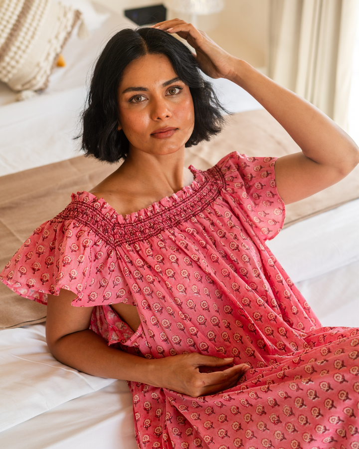 Mini Mogra Smocked Nightie in Pomegrante - Dilli Grey