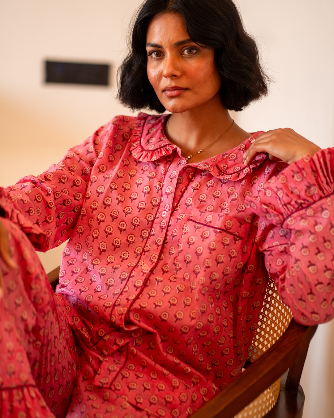 Mini Mogra Ruffle PJ set in Pomegranate - Dilli Grey