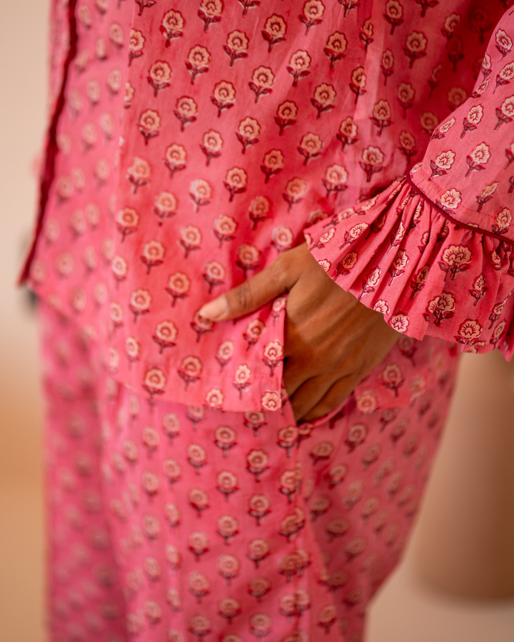 Mini Mogra Ruffle PJ set in Pomegranate - Dilli Grey