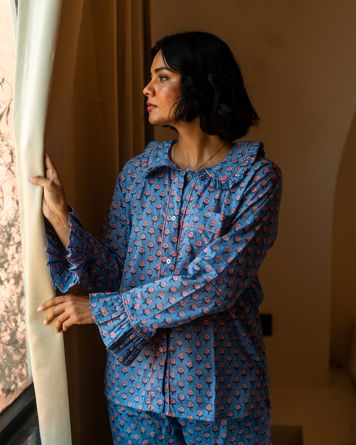 Mini Mogra Ruffle PJ set in blue - Dilli Grey