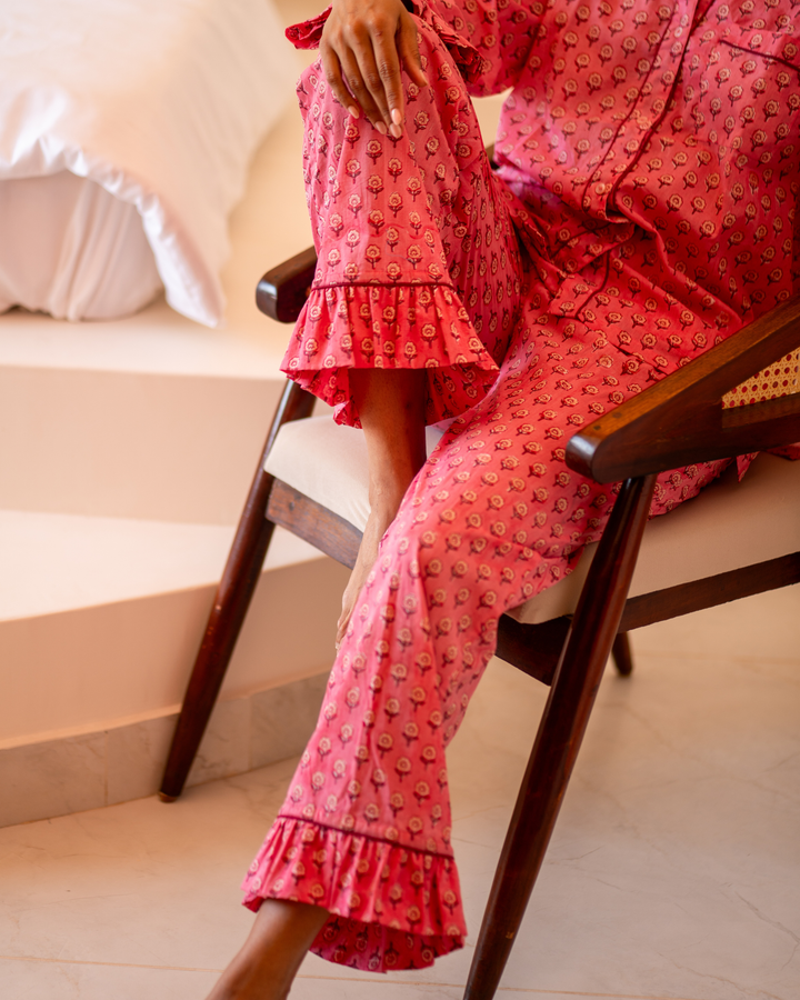 Mini Mogra Ruffle PJ set in Pomegranate - Dilli Grey