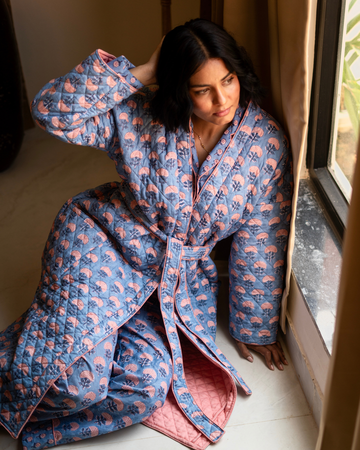 Chandni Butta Quilted Robe in Blue - Dilli Grey