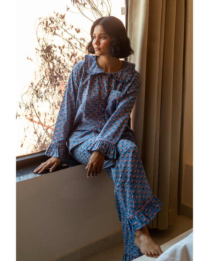 Mini Mogra Ruffle PJ set in blue - Dilli Grey