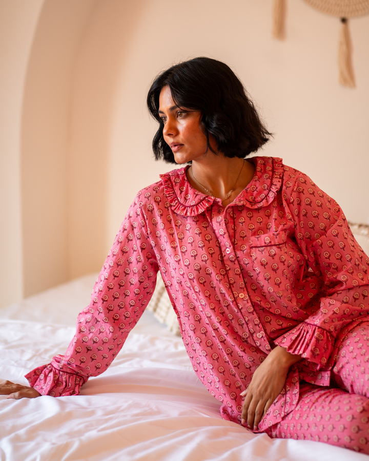 Mini Mogra Ruffle PJ set in Pomegranate - Dilli Grey