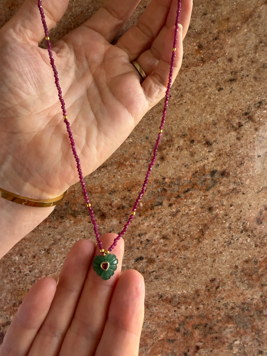 Jaipur Carved Heart Necklace in Aventurine & Ruby - SHIPS 9TH SEPTEMBER
