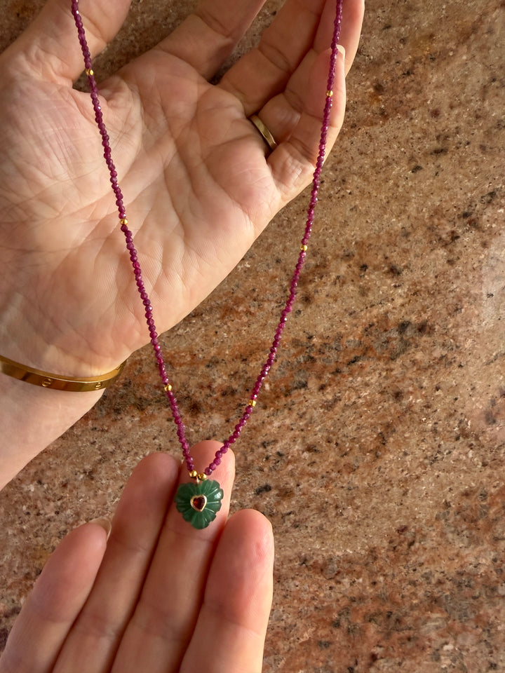 Jaipur Carved Heart Necklace in Aventurine & Ruby - SHIPS 9TH SEPTEMBER