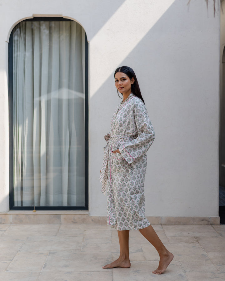 Mogra Robe in White and Sage - Dilli Grey