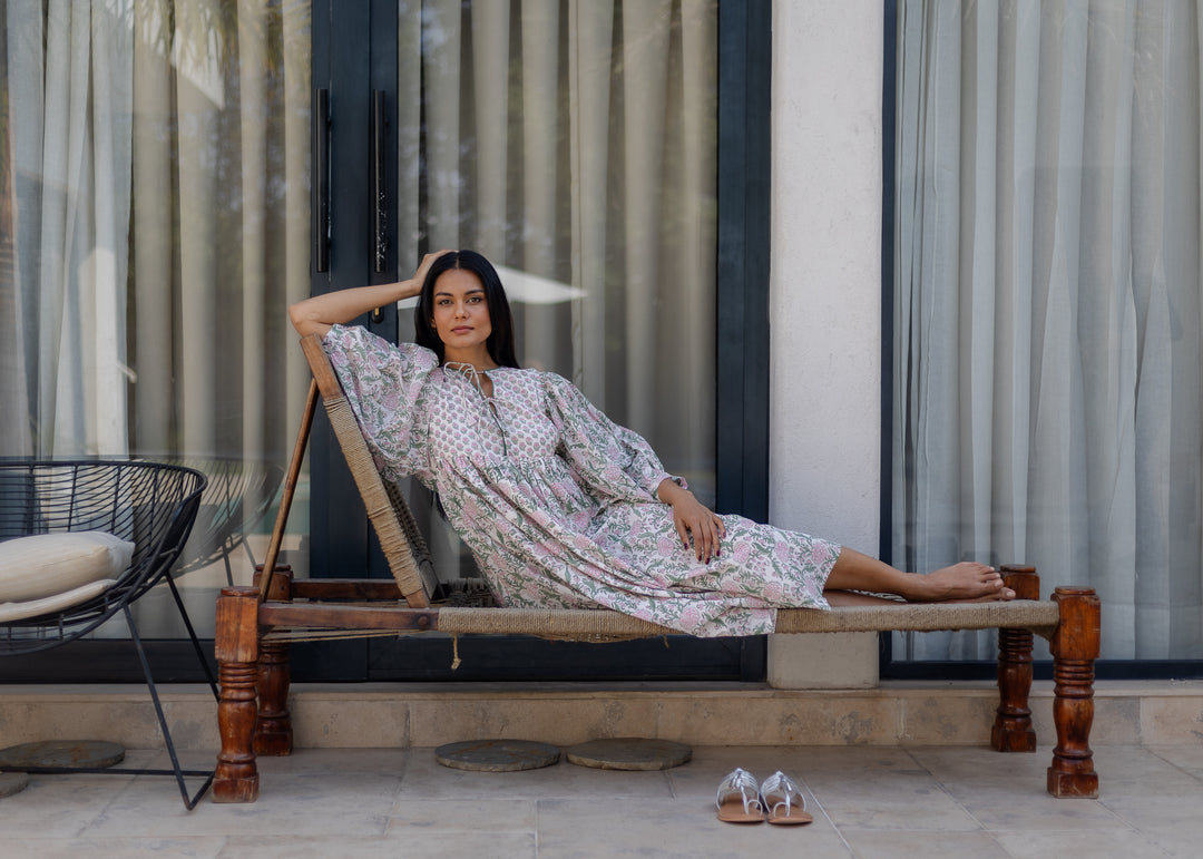 Farah Midi Dress in White & Sage - Dilli Grey