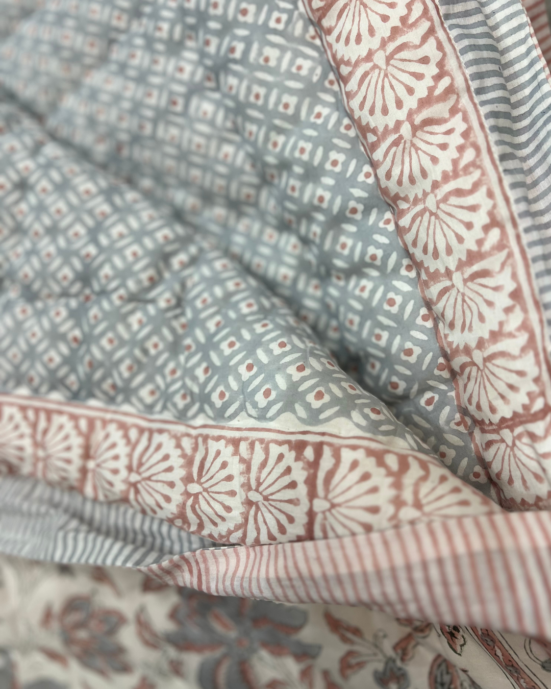 Jaipur Chintz reversible quilted Throw In vintage blue  & dusty pink - Dilli Grey