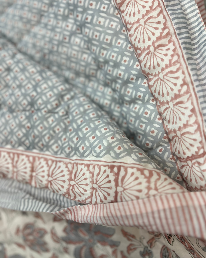 Jaipur Chintz reversible quilted Throw In vintage blue  & dusty pink - Dilli Grey