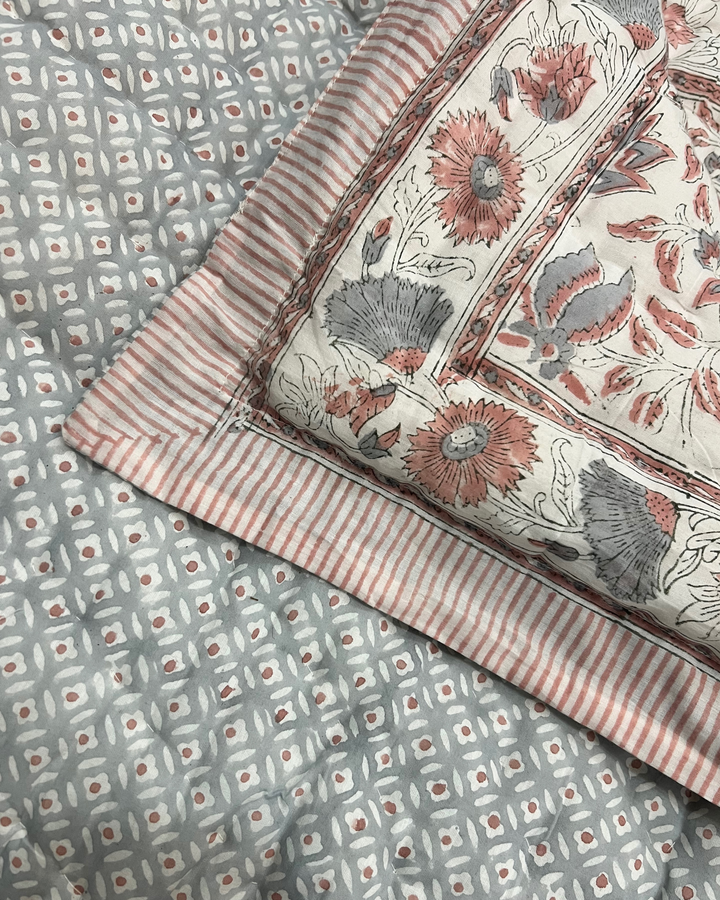 Jaipur Chintz reversible quilted Throw In vintage blue  & dusty pink - Dilli Grey