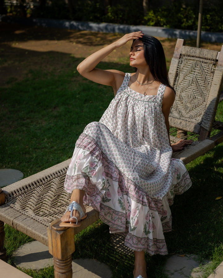 Kaya Maxi Sundress in White & Sage - Dilli Grey