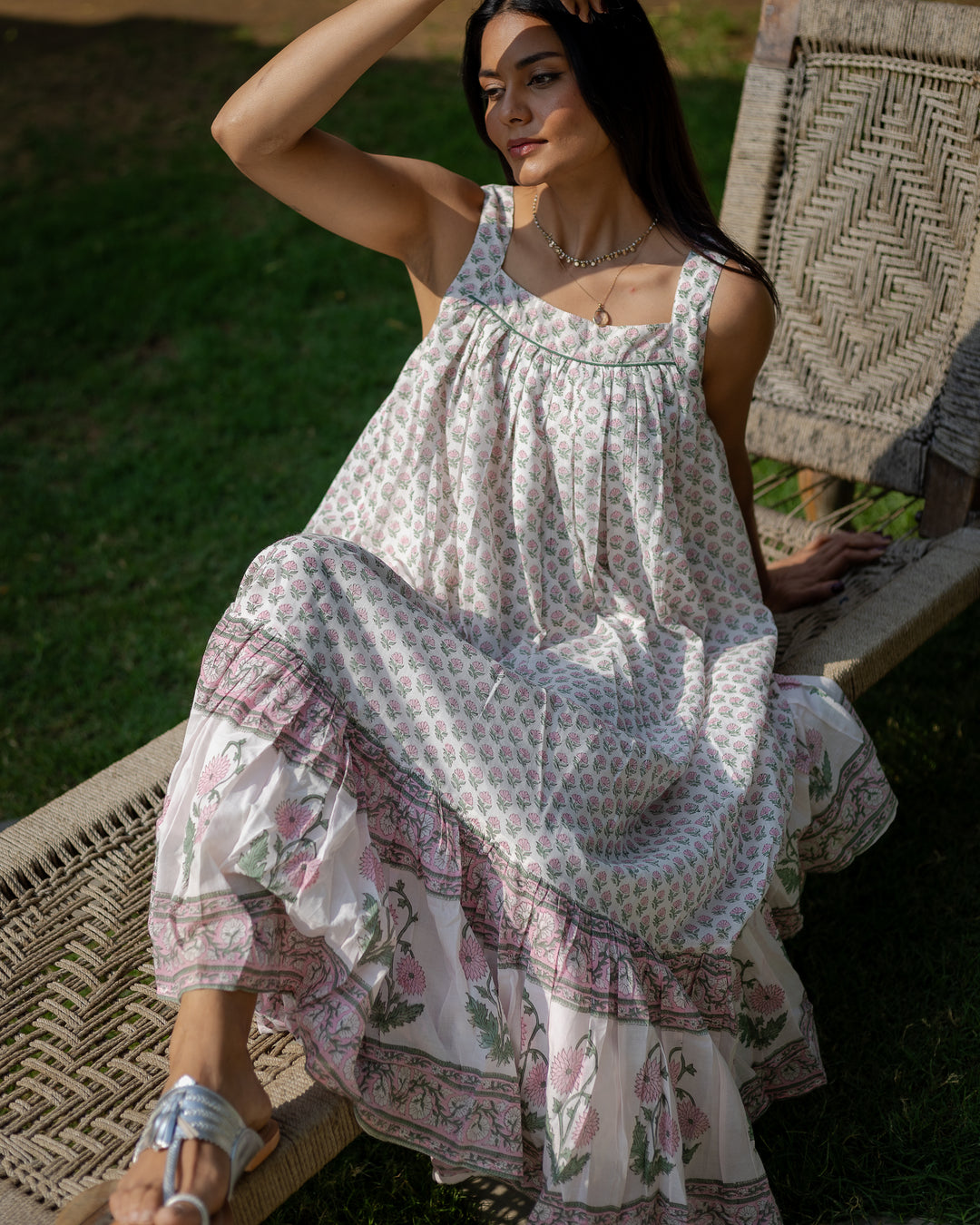 Kaya Maxi Sundress in White & Sage - Dilli Grey