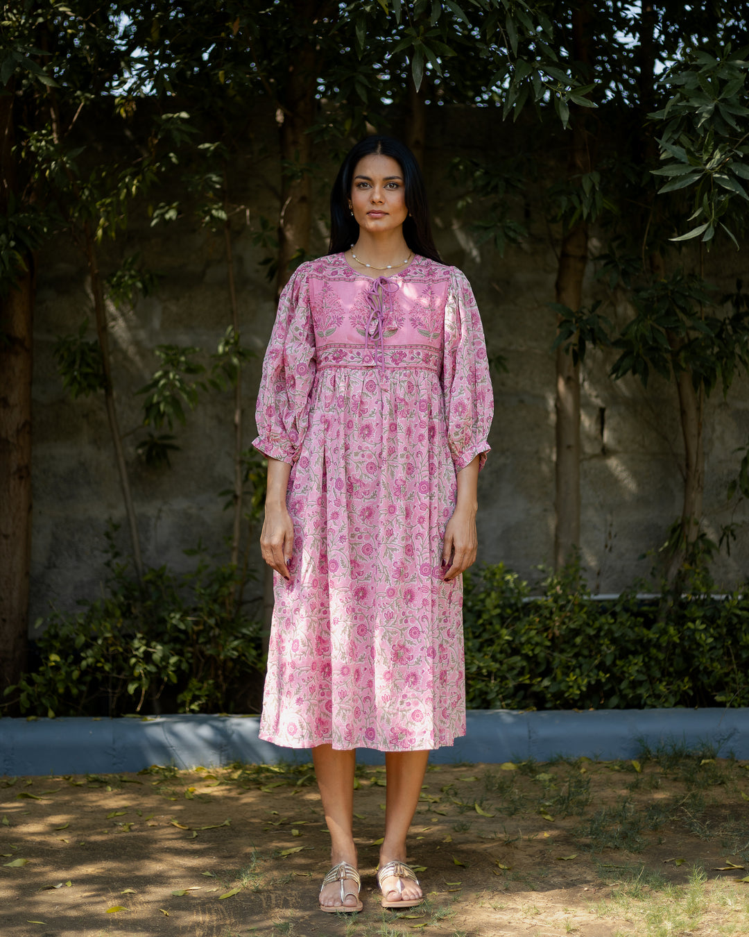 Farah Midi Dress in Jaipur Pink and Sage - Dilli Grey
