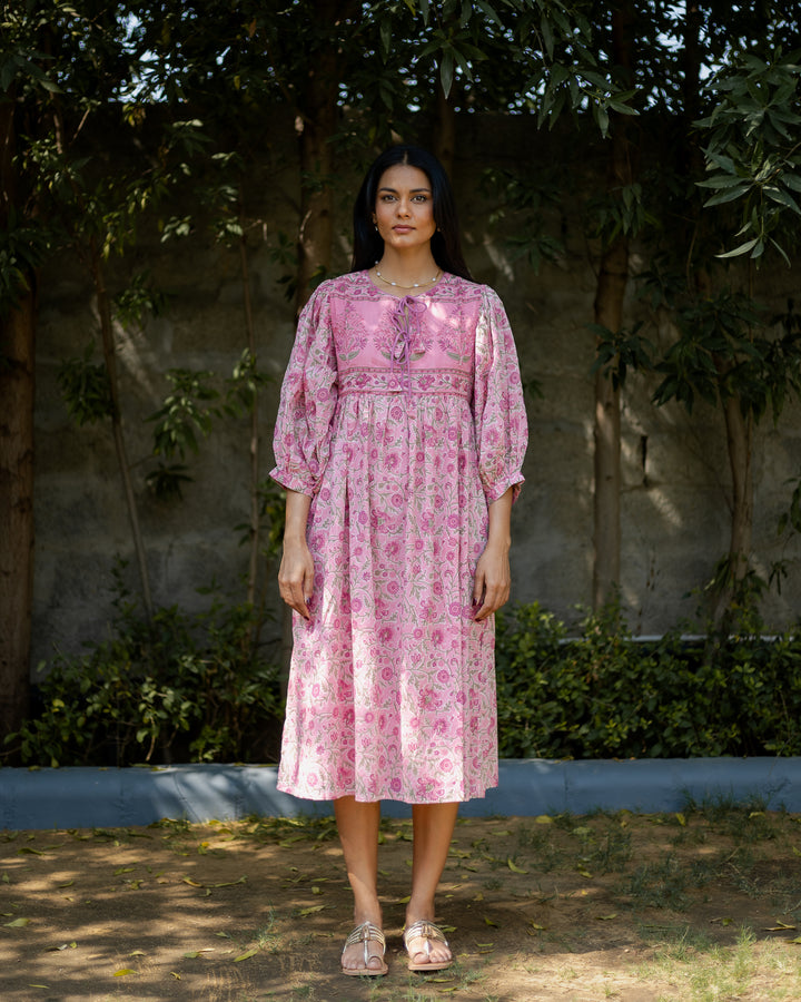 Farah Midi Dress in Jaipur Pink and Sage - Dilli Grey