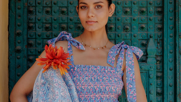 Yasmin Smocked Sundress in Dusty Blue and Neon Pink