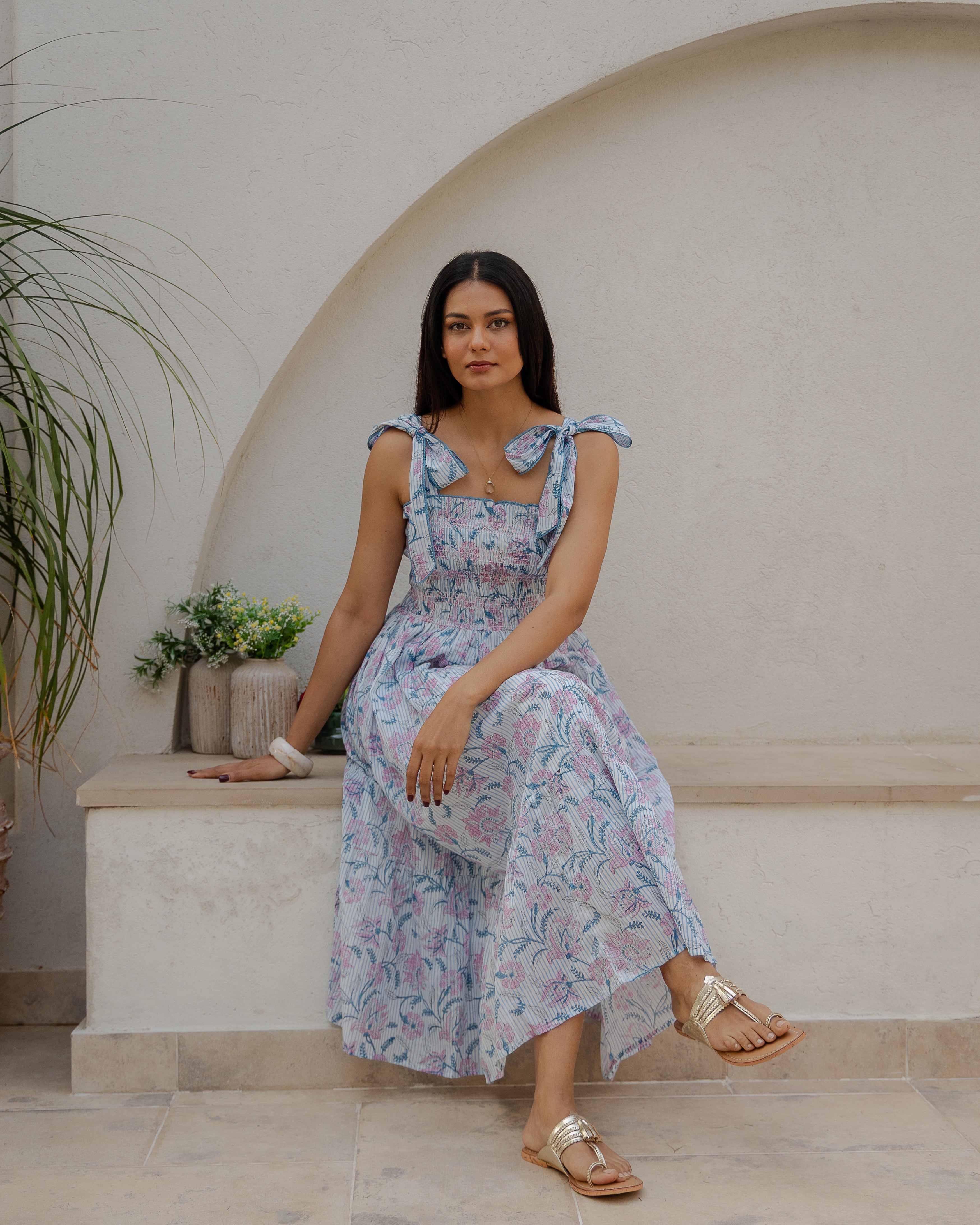 Yasmin Smocked Sundress in dusty blue and pink – Dilli Grey