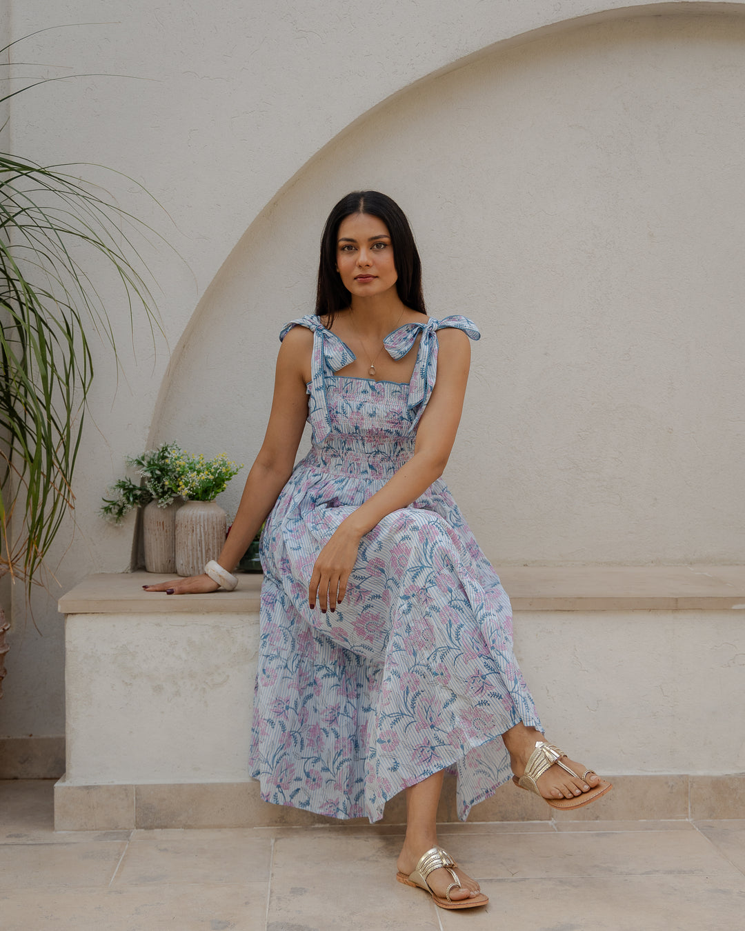 Yasmin Smocked Sundress in dusty blue and pink - Dilli Grey