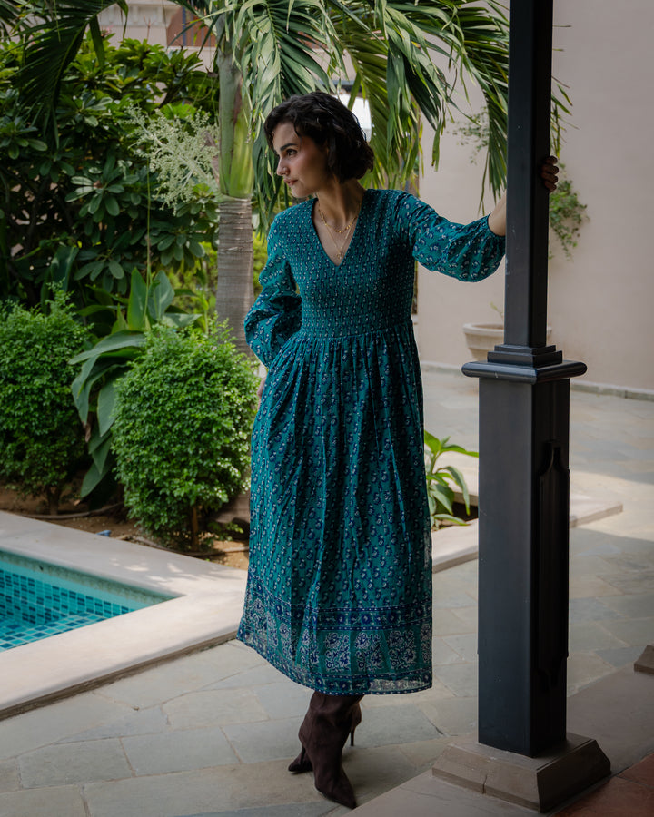 Belle Smocked Hand-Block Printed Midi Dress in Teal - delivery beg Nov
