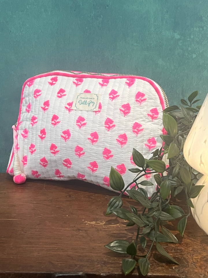 Neon pink ditsy Makeup Pouch
