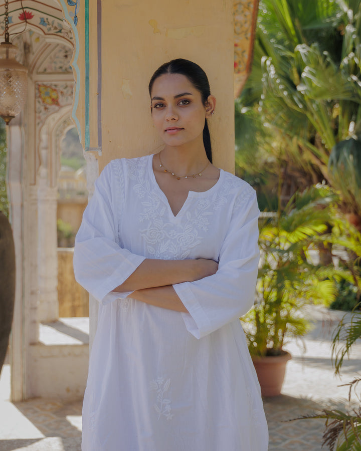Chikankari-embroidered kaftan in Jasmine White