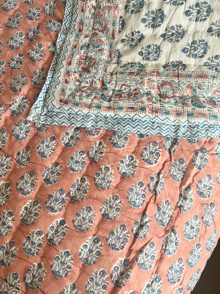 Heritage Butta with mixed border Quilt in Peach & Dusty Blue - Dilli Grey