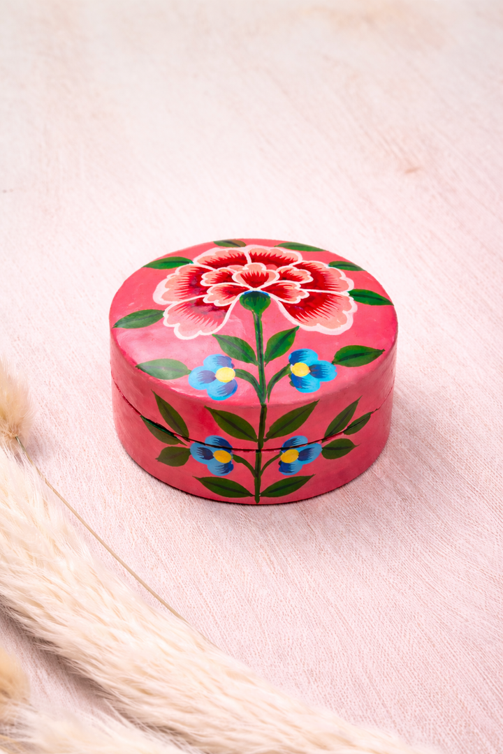 Kashmiri Chrysanthemum Handpainted small Trinket Box in red - Dilli Grey