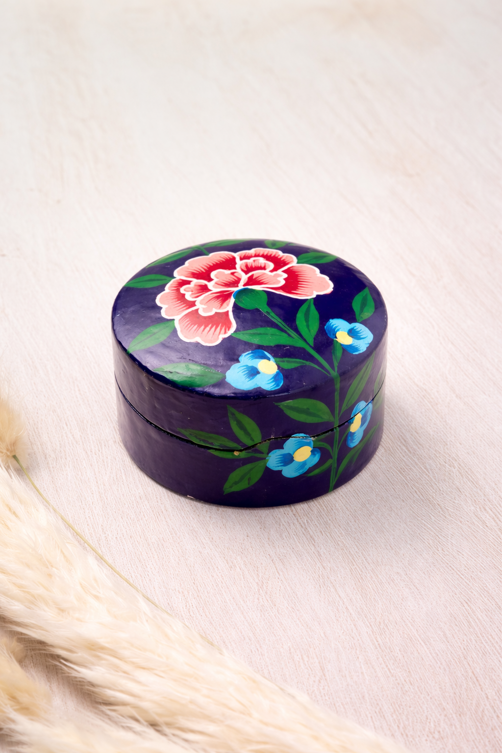Kashmiri Chrysanthemum Handpainted small Trinket Box in midnight - Dilli Grey