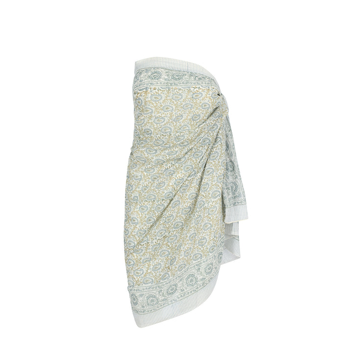 PRE-ORDER: 100% cotton sarong in blue and sage paisley print