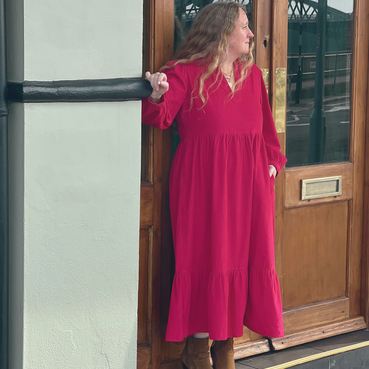 Florence Cord Dress In Cherry