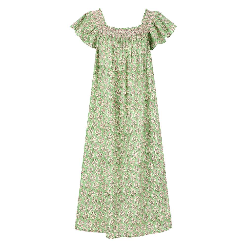 Mogra Smocked Nightie in Sage Green and Pink - Dilli Grey