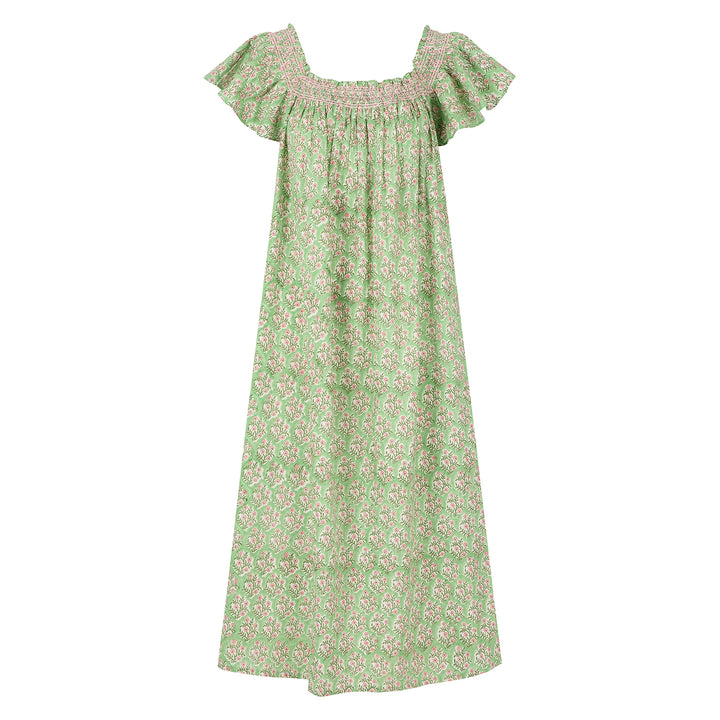 Mogra Smocked Nightie in Sage Green and Pink
