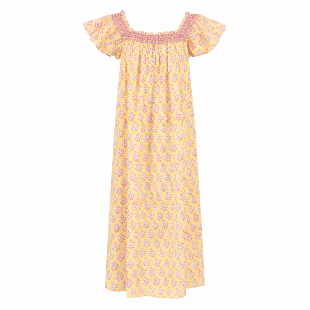 Mogra Smocked Nightie in Sunshine Yellow & Pink - Dilli Grey